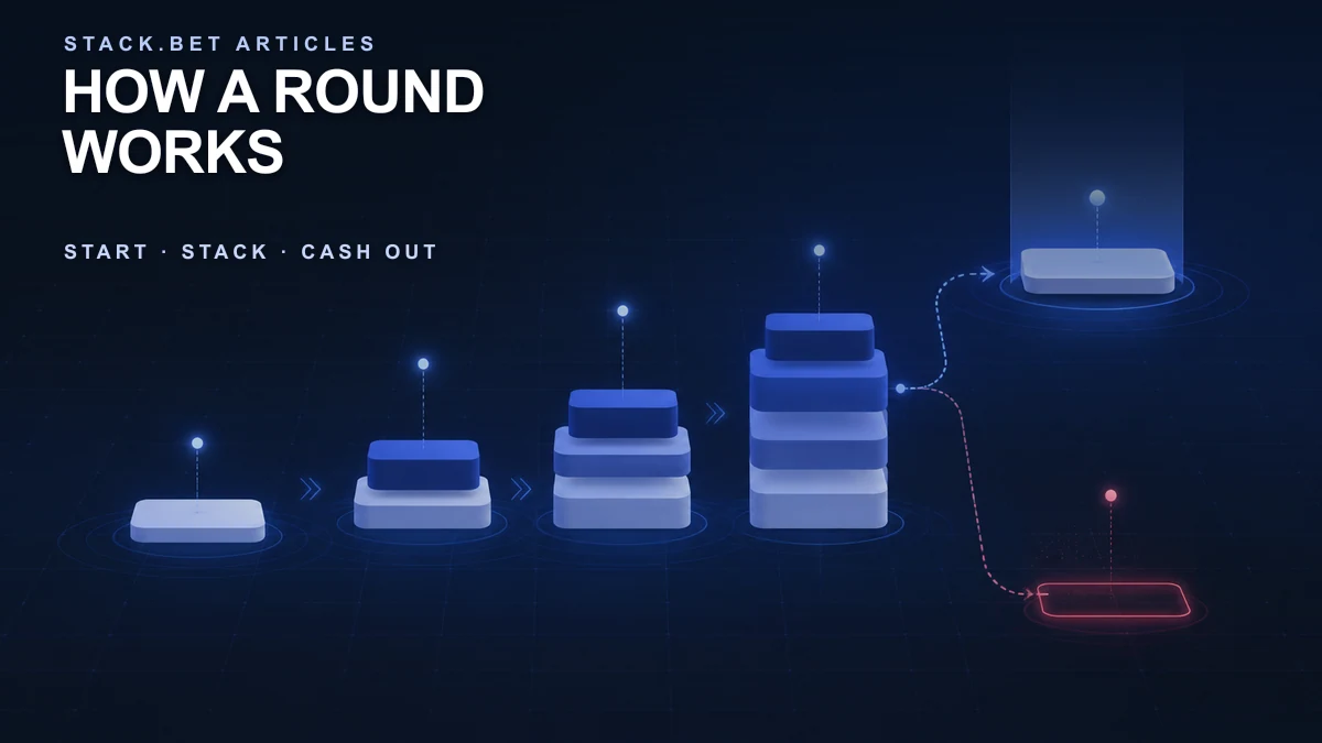 Stack.bet illustration showing a round progressing through stacked tiles to cashout or bust