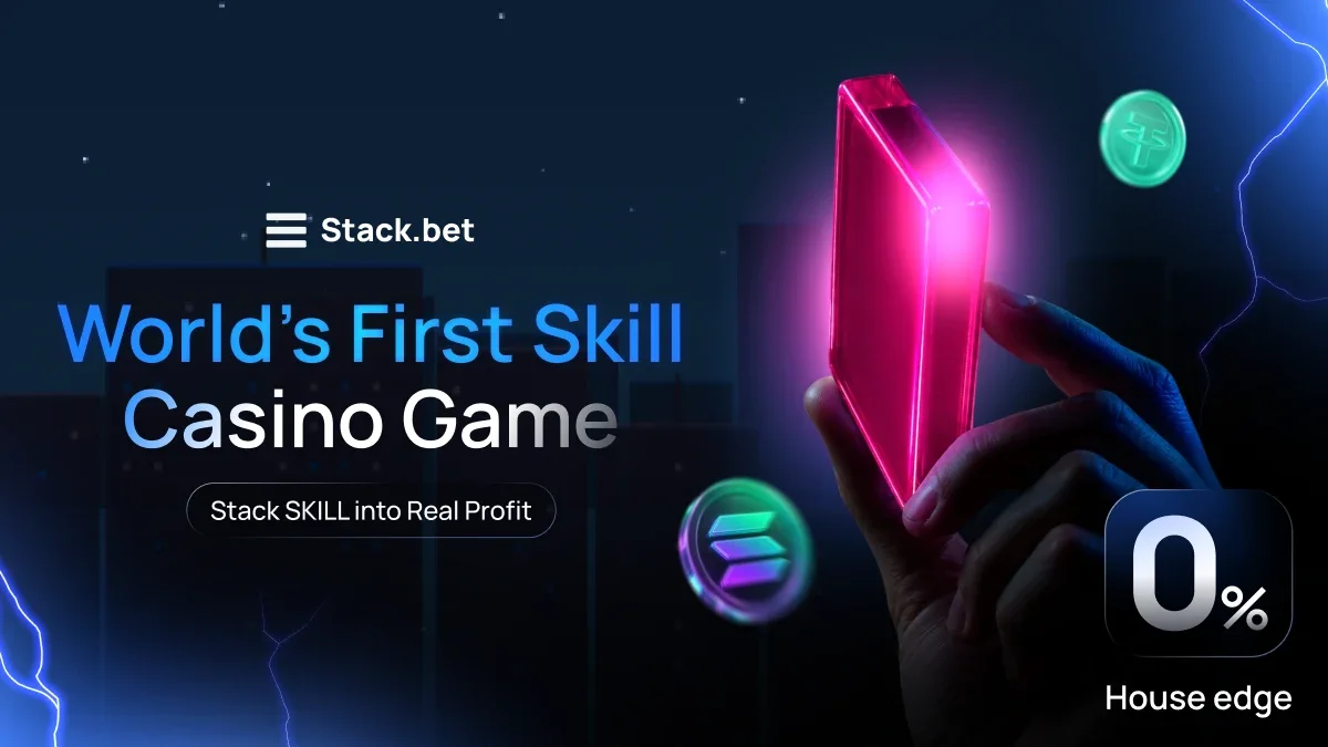 A hand holding a glowing Stack.bet game tile, with Solana and Tether tokens and a 0% house edge badge